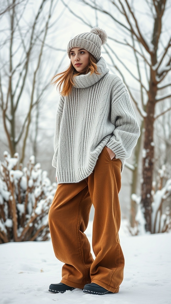 A woman wearing a cozy oversized sweater and wide-legged pants in a snowy outdoor setting.