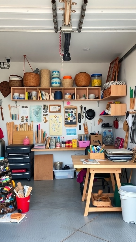 A well-organized garage crafting corner with shelves of supplies and a workspace.