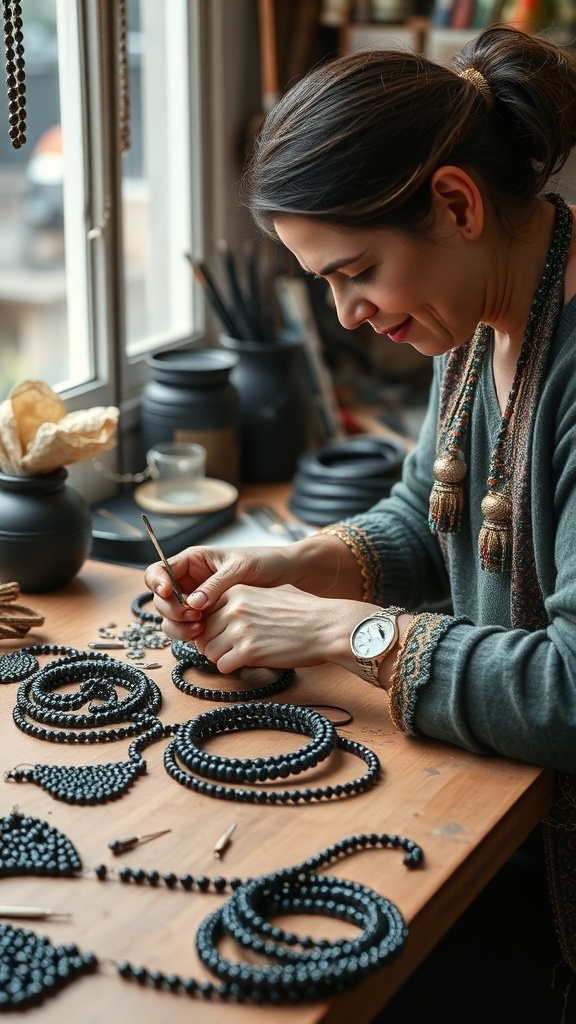 A person crafting black beaded jewelry at a wooden table, surrounded by various beaded designs and tools.