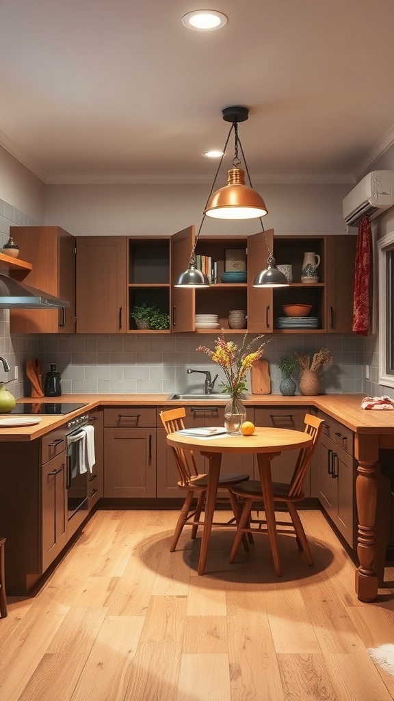Cozy L-shaped kitchen with a dining nook featuring a round table and wooden chairs.