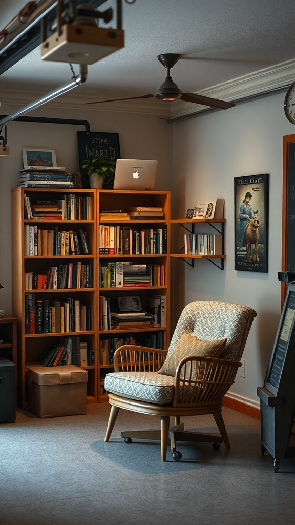 A cozy reading nook in a garage office featuring a comfortable chair, a bookshelf filled with books, and a warm atmosphere.