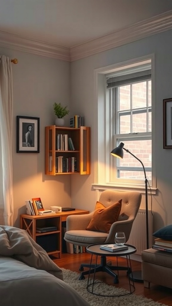 Cozy reading nook in a bedroom with a comfortable chair, side table, and bookshelf.