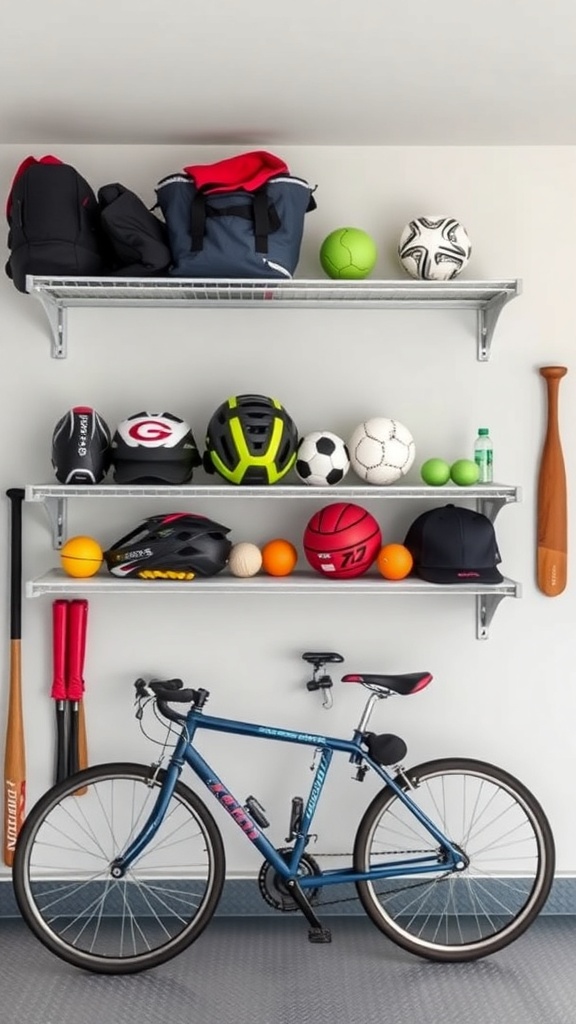 Organized garage shelf with sports equipment including bags, balls, helmets, and a bicycle.
