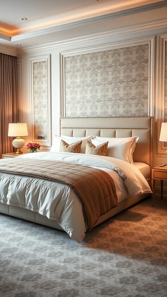 Luxurious hotel-style bed with plush bedding, decorative pillows, and soft lighting.