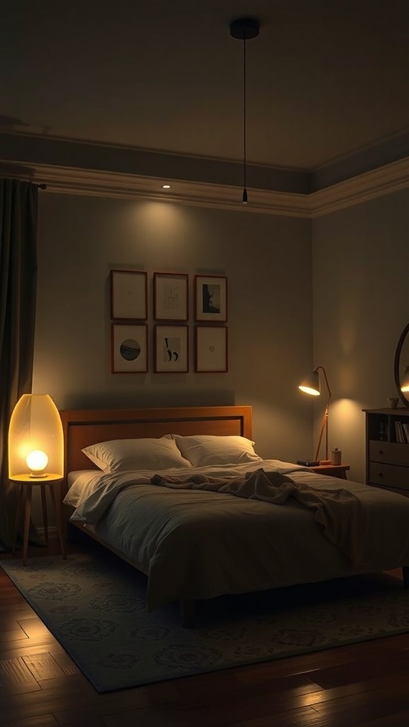 A cozy bedroom with warm lighting, featuring a bed, bedside lamp, and wall art.