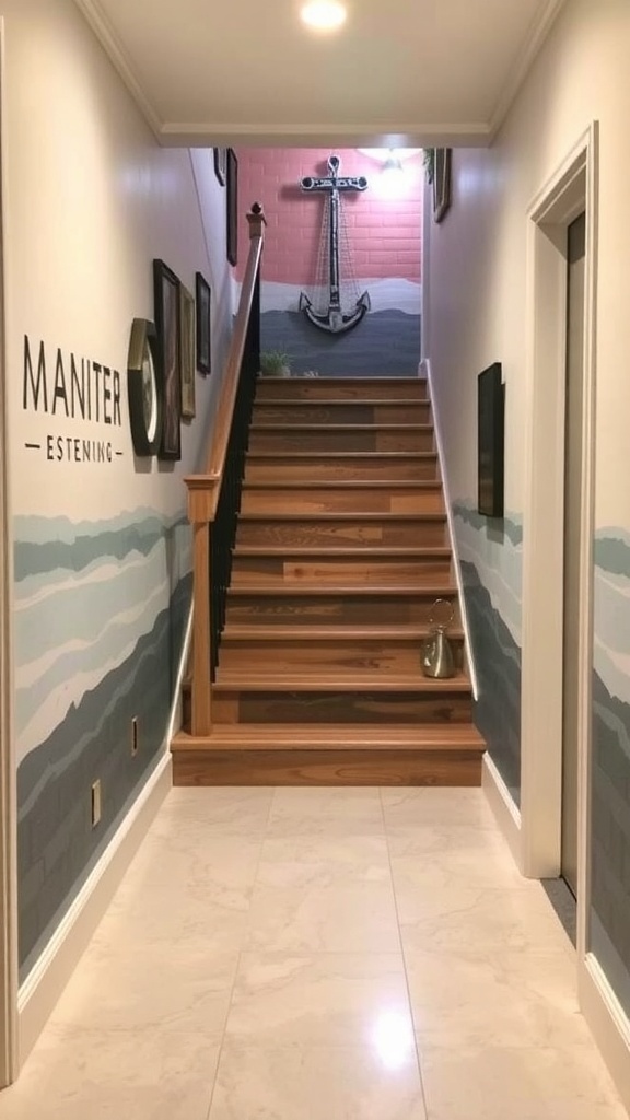 A basement stairwell with a nautical theme, featuring painted waves on the walls and an anchor at the top.
