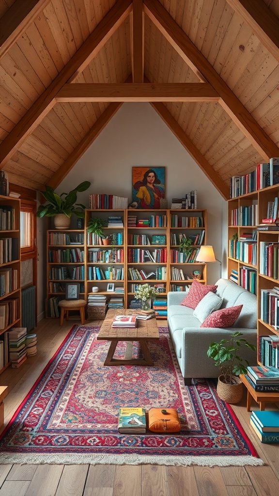 Cozy loft living area with a patterned area rug, bookshelves, and a comfortable sofa.
