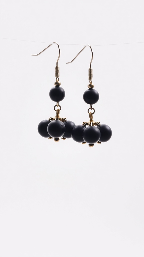A pair of statement earrings made with black beads and gold accents.