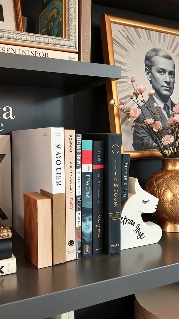 A bookshelf with books supported by a wooden block bookend and a cat-shaped bookend, alongside decorative items.