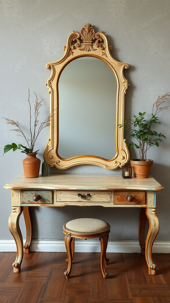 A vintage upcycled dressing table with an ornate mirror and potted plants.