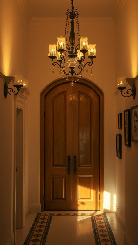 A foyer with a chandelier and wall sconces illuminating a wooden door.