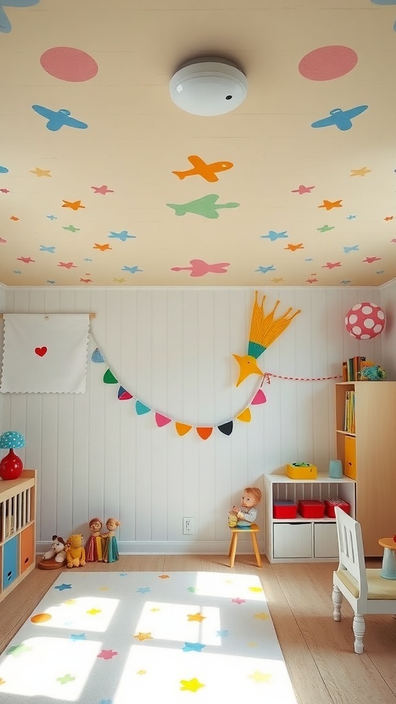 Colorful painted beadboard ceiling with butterflies and circles in a playful room