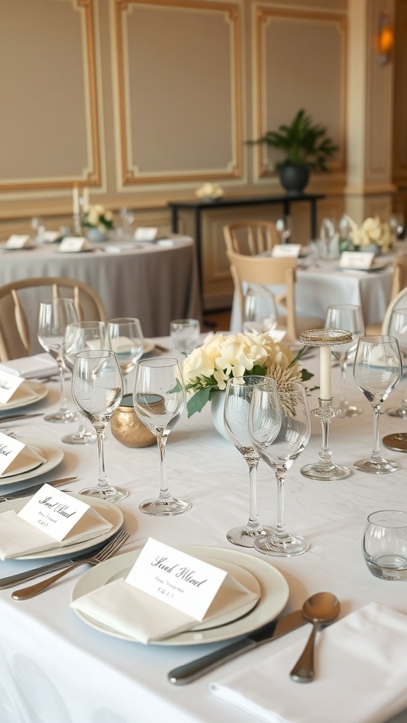A beautifully styled dining table with elegant place settings, flowers, and personalized place cards.