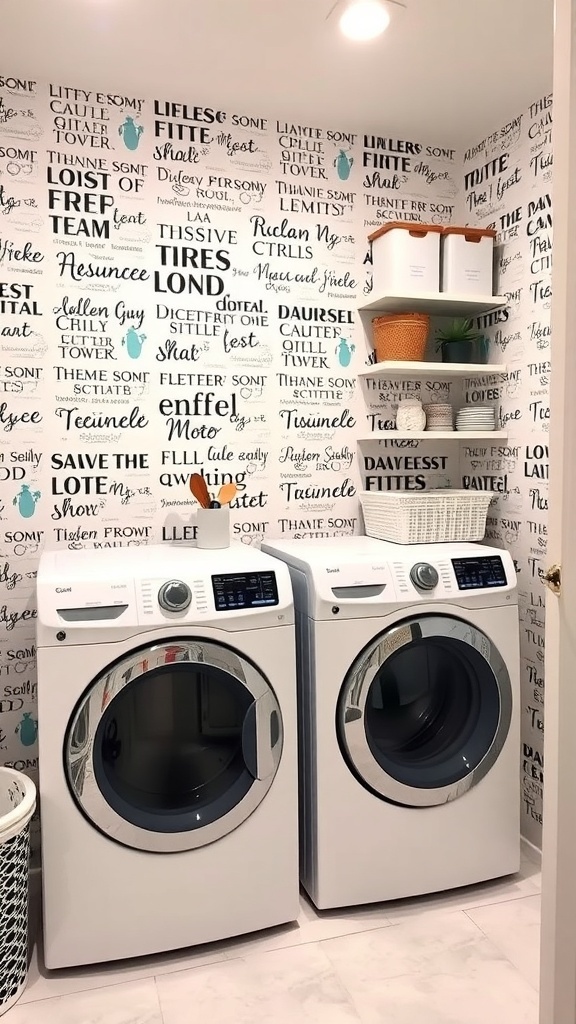 Laundry room with a wall covered in creative quotes and typography.