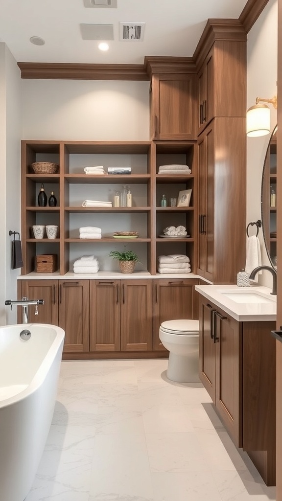 A modern master bathroom featuring wooden shelves and cabinets for storage, a freestanding bathtub, and a clean, organized look.