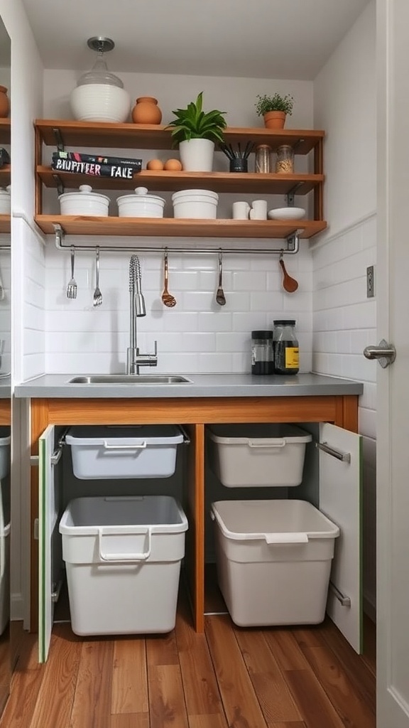 A compact kitchen sink area with organized shelves and storage bins underneath.