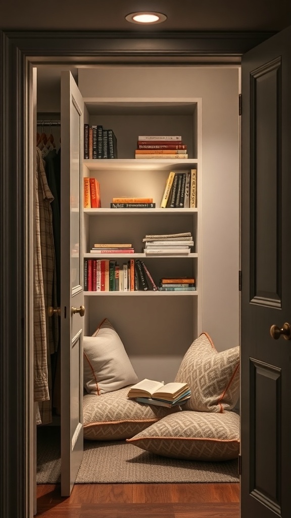 Cozy reading nook created from a closet with cushions and bookshelves.
