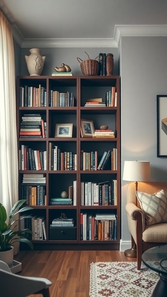 A stylish bookshelf filled with books and decorative items, serving as a room divider.