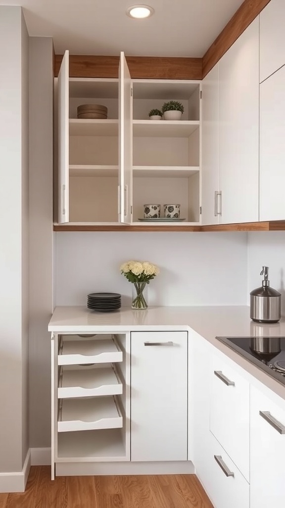 Modern corner kitchen cabinets with open shelves and drawers