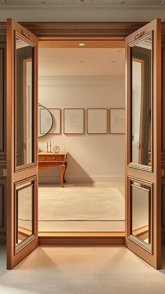 A stylish wardrobe with mirrored doors leading to a well-lit room.