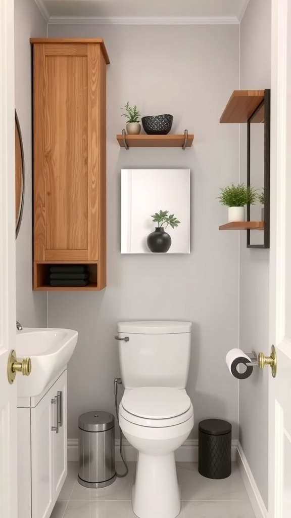A small powder room featuring a wooden cabinet, floating shelves, and a mirror, showcasing creative use of vertical space.