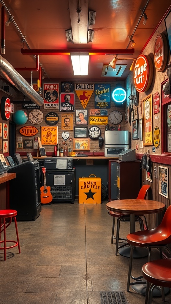 A garage lounge with vintage signs and posters on the walls, featuring a guitar and seating area.