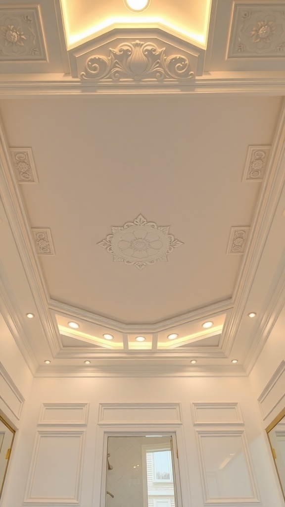 Elegant bathroom ceiling with crown molding and recessed lighting
