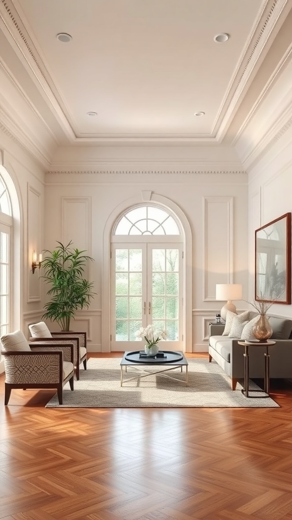 A well-lit living room featuring crown molding and baseboards, with elegant furniture and large windows.