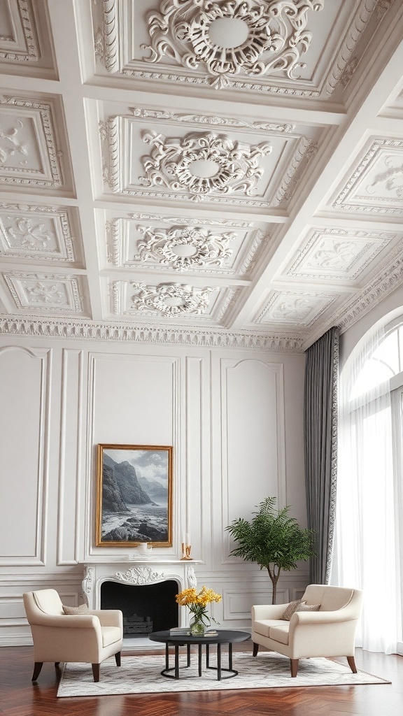 Elegant room with intricate crown molding on the ceiling, featuring classic furniture and decorative elements.