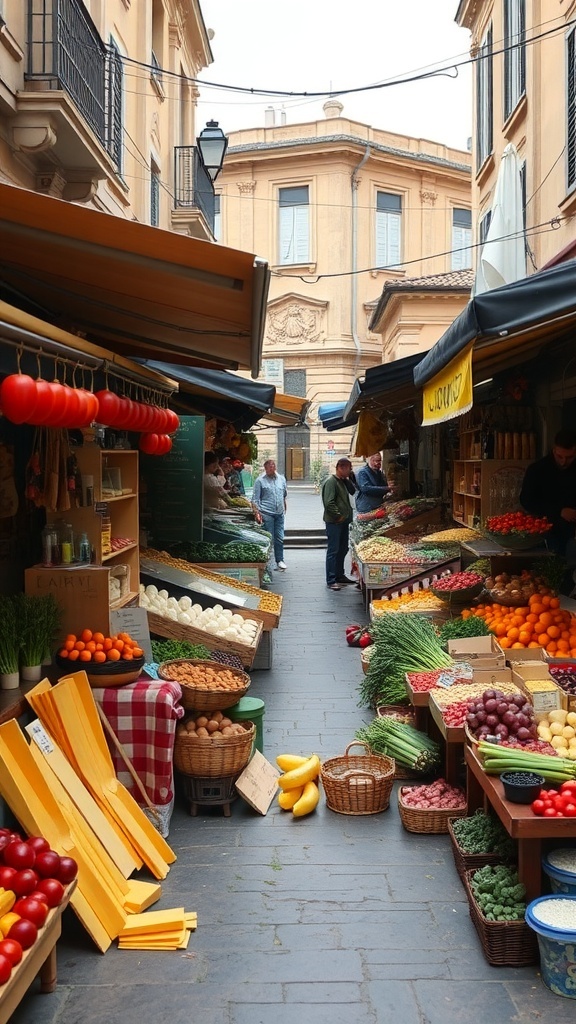 A vibrant traditional Roman market filled with fresh produce and colorful stalls.