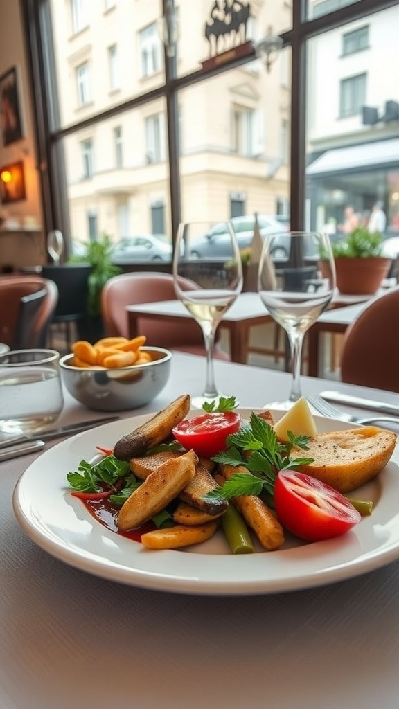 A plate of fresh vegetables with a glass of wine in a restaurant setting in Zurich.