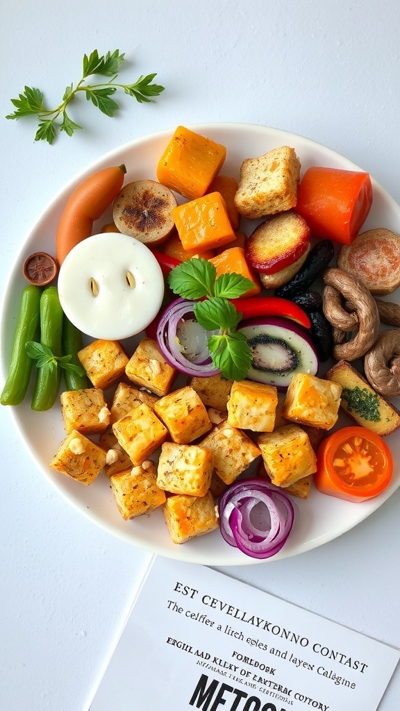 A colorful plate of Mykonian cuisine featuring grilled vegetables, cheese, and fresh herbs.