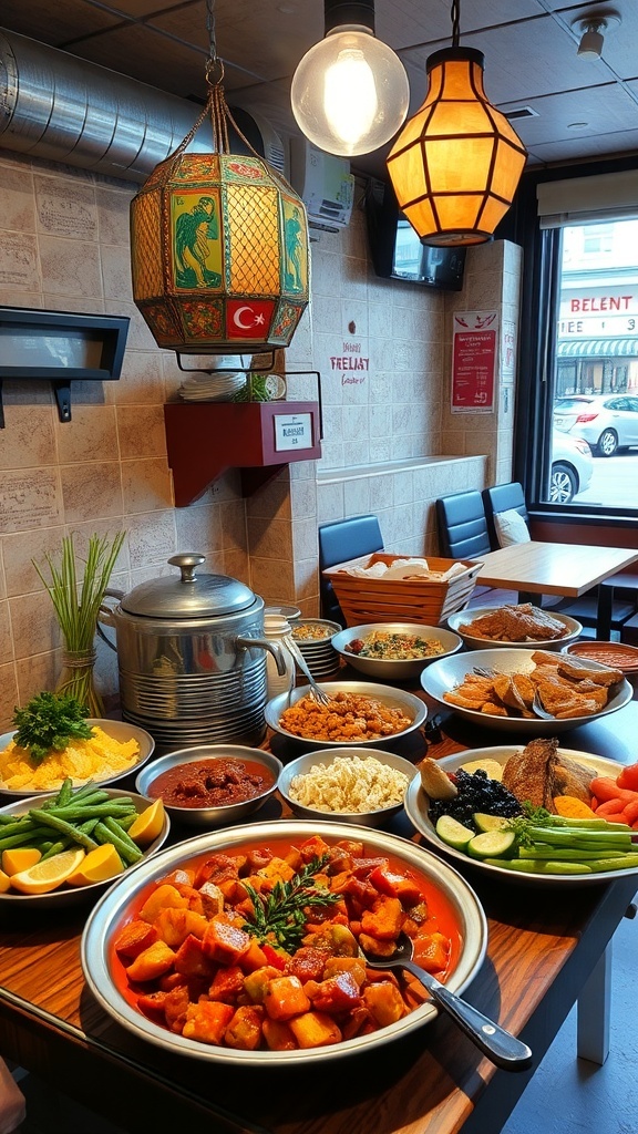 A table filled with various traditional Turkish dishes, showcasing a vibrant spread of food.