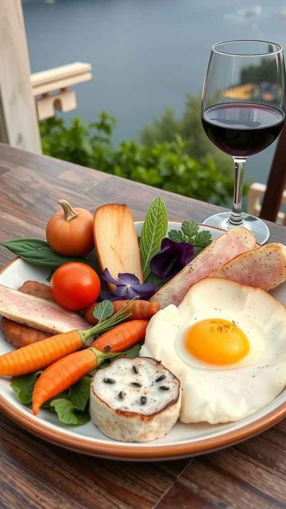A beautifully arranged plate of food with fresh vegetables, cured meats, and a glass of red wine, set against the backdrop of Lake Como.