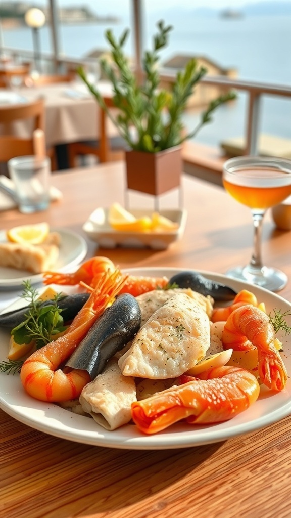 A plate of fresh seafood including shrimp, fish, and mussels, served in a restaurant with a view of the sea.