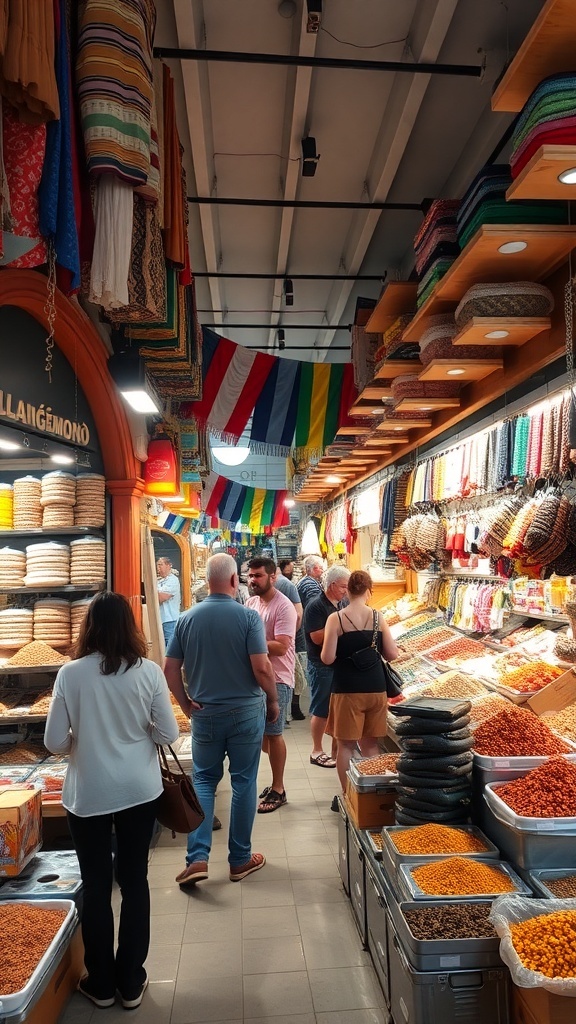 A bustling market in Alanya, Turkey, showcasing colorful fabrics and spices with shoppers interacting.