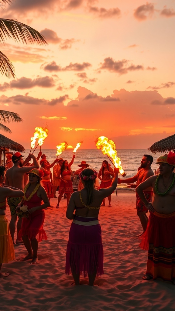 A group of performers dancing with fire at a Hawaiian luau during sunset.