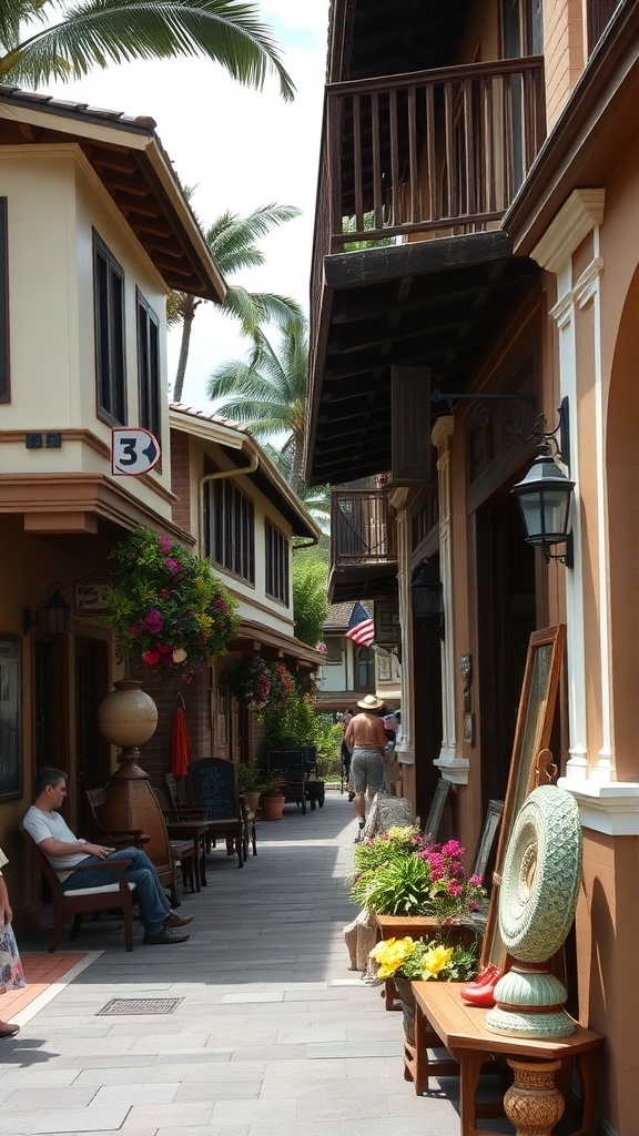 A street in Lahaina, Maui, with shops, flowers, and people enjoying the atmosphere.