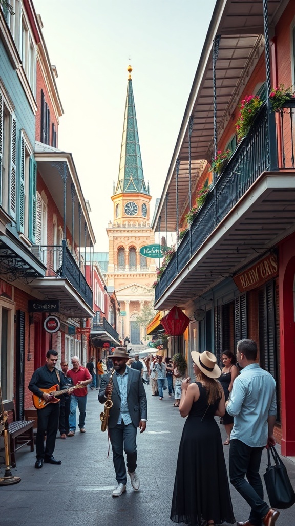 A lively street scene in New Orleans with musicians and people enjoying the atmosphere.