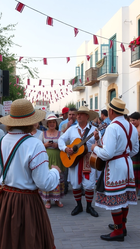 People in traditional attire celebrating a cultural festival in Mykonos, Greece.