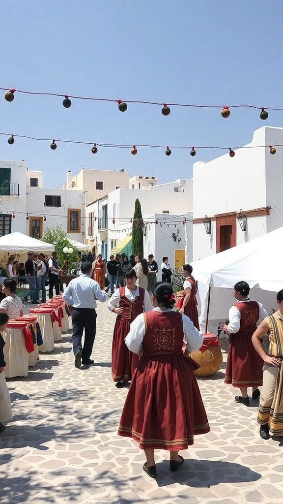 A lively cultural festival in Milos Greece, featuring locals in traditional costumes celebrating in the streets.