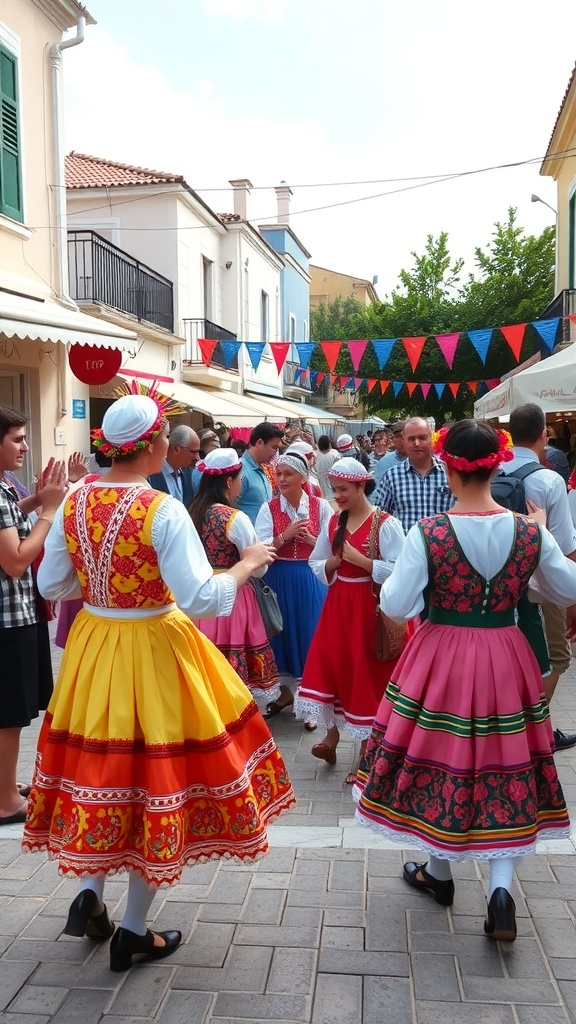 Locals in traditional costumes celebrating at a festival in Corfu, Greece.