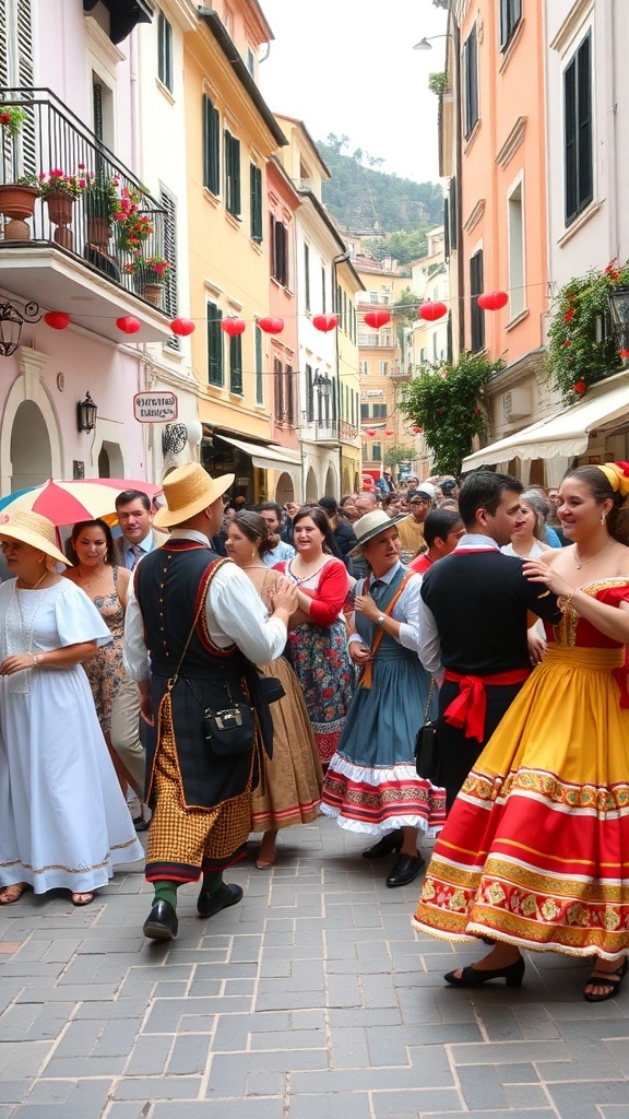 A lively street festival in the Amalfi Coast with people in traditional costumes celebrating together.