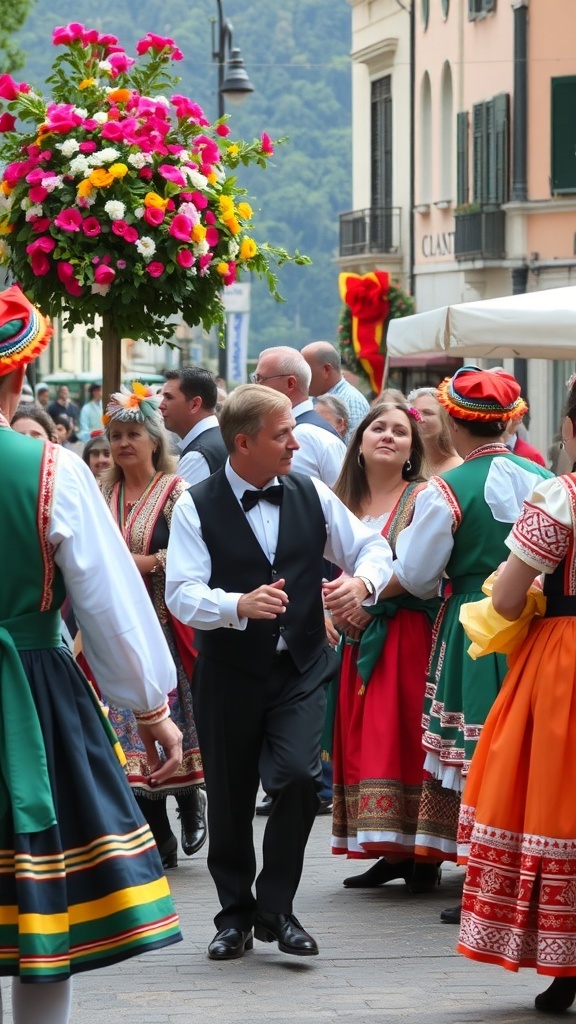 A colorful festival scene in Lake Como, featuring people in traditional costumes and vibrant floral decorations.