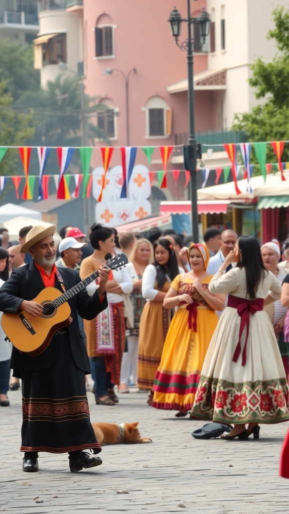 A musician playing guitar at a cultural festival in Marmaris, surrounded by people in traditional clothing and colorful banners.