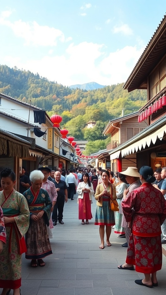 A vibrant cultural festival in the Japanese countryside with people in traditional attire and colorful lanterns.