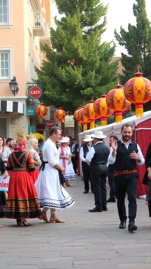 People in traditional costumes celebrating at a cultural festival in Izmir, Turkey, with colorful lanterns hanging above.