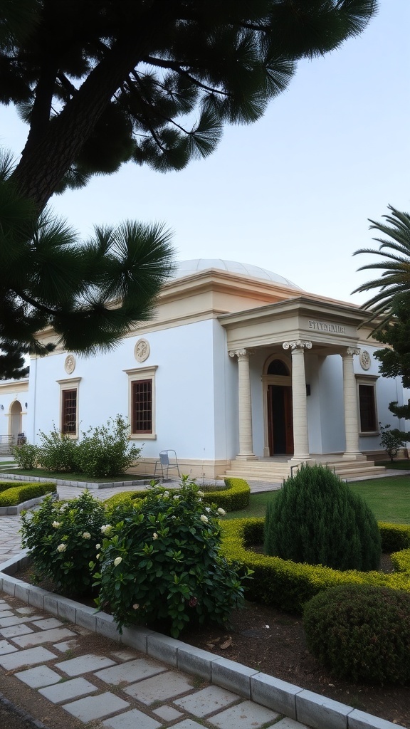 Exterior view of the Byzantine Museum in Zakynthos, showcasing its neoclassical architecture and surrounding gardens.