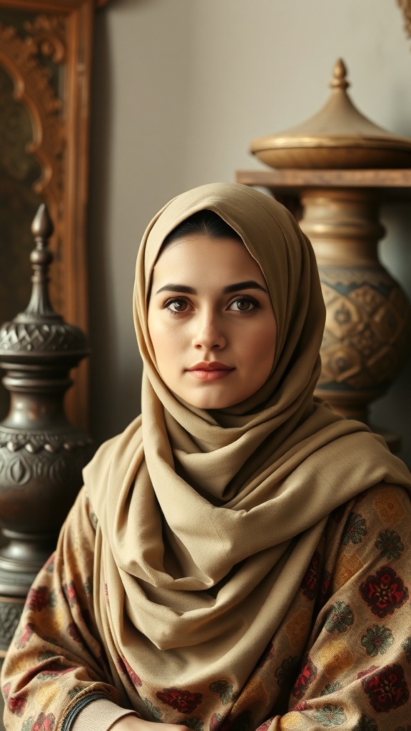 A woman wearing a beige hijab and a patterned garment, showcasing cultural heritage.