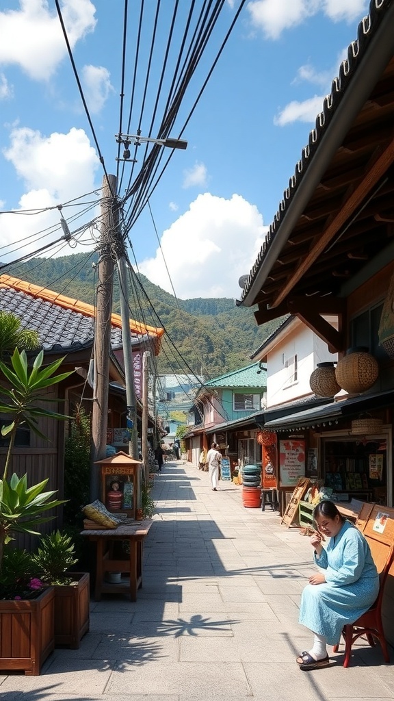 A scenic street in Okinawa, Japan, featuring traditional architecture and a local person enjoying a quiet moment.